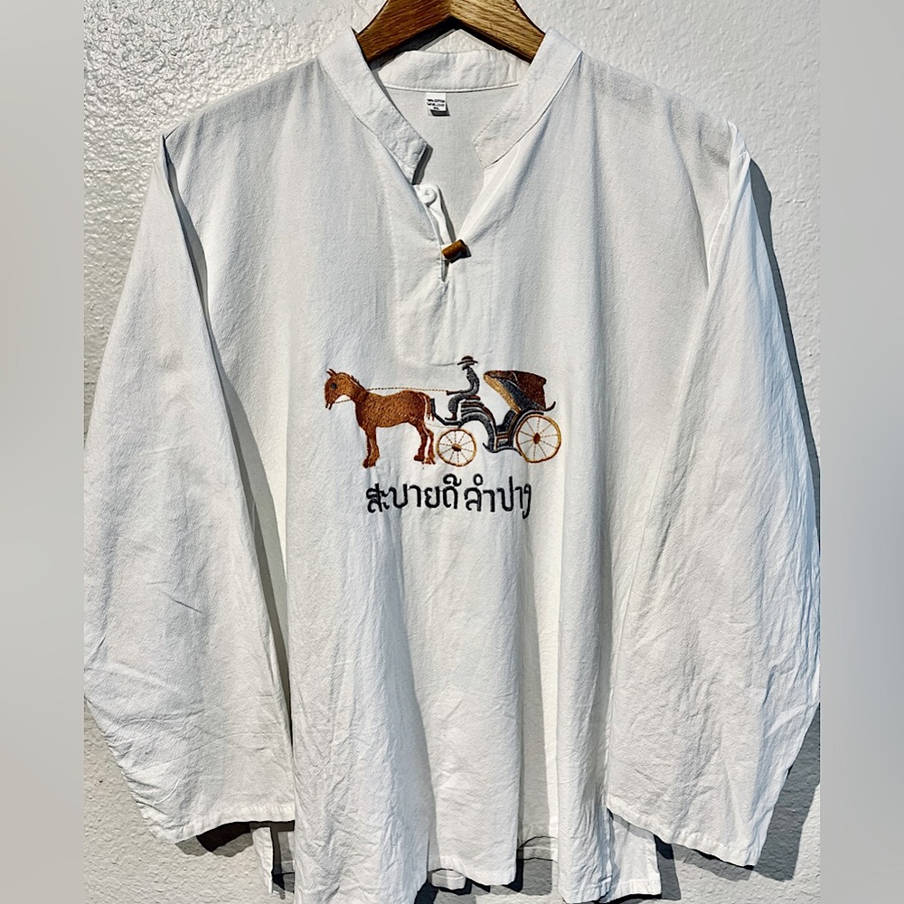 Vintage Pure Linen Embroidered White Trachten Shirt - Size XL (Men’s)